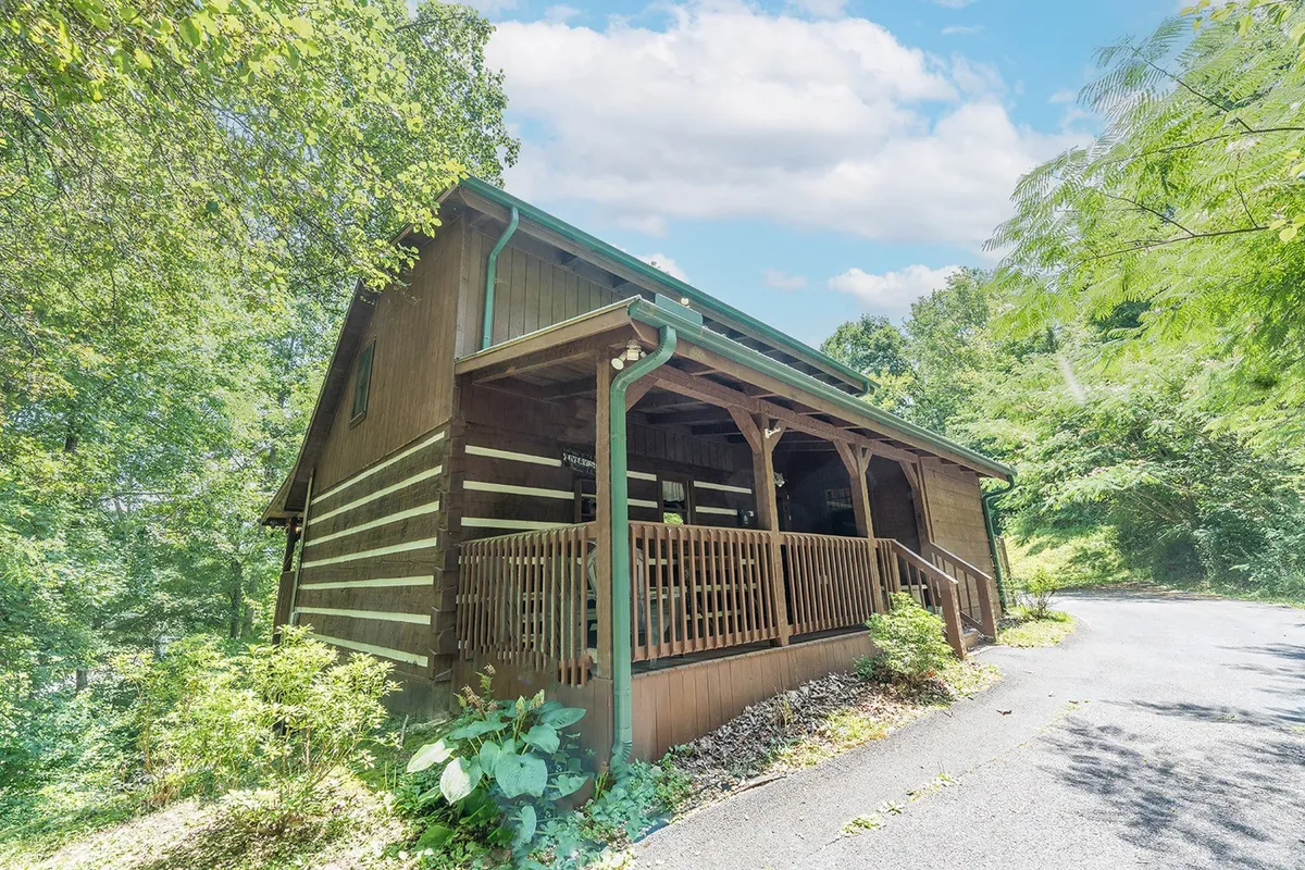 This exterior shot shows the front of the wooden cabin with a generous porch and abundant greenery, conveying a cozy and welcoming retreat. The porch is an ideal spot for relaxing or keeping an eye on dogs as they play nearby.